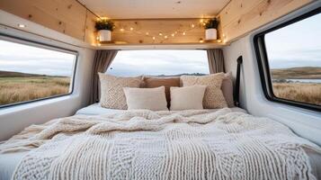 Cozy camper van interior with soft blankets, pillows, and warm lighting creates serene photo