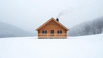 cozy winter cabin in woods with smoke rising from chimney, surrounded by snow photo