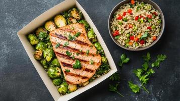 Grilled salmon with Brussels sprouts and quinoa salad creates healthy meal photo