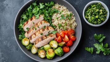 Grilled chicken with quinoa, roasted vegetables, and fresh herbs creates healthy meal photo