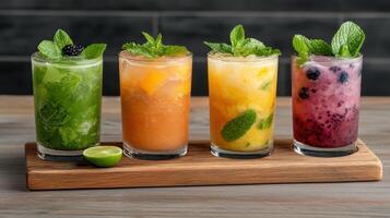 Refreshing mojito flight featuring vibrant cocktails with mint leaves and fruit photo