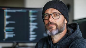 cybersecurity expert wearing beanie and glasses, focused on data protection photo