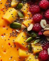 Fresh smoothie bowl topped with vibrant mango, raspberries, and crunchy seeds on a bright morning photo