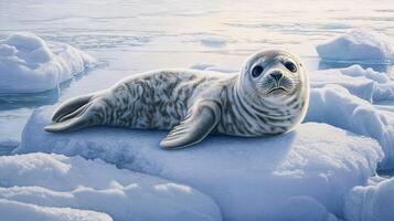Playful seal pup relaxing on an ice floe in a serene Arctic environment photo