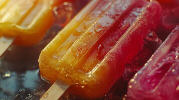 Melting fruit popsicles create vibrant colors on a sunny summer day photo