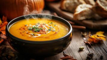 Warm pumpkin soup served in a black bowl with fresh herbs and bread on a wooden table photo