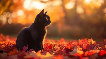 Black cat quietly resting on vibrant red and orange autumn leaves during sunset at a serene outdoor location photo