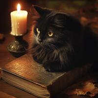 Black cat with soft fur resting on an old book next to a flickering candle photo