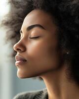Woman takes a deep breath to embrace tranquility and mindfulness while enjoying her serene indoor space photo