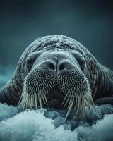Large walrus resting on icy shoreline during a chilly Arctic day with snow-covered surroundings photo