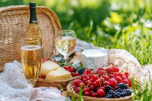 Enjoying a cozy summer picnic with a woven basket and refreshing drinks in the sunlight photo
