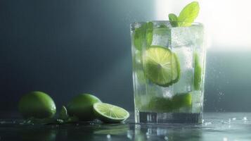 Refreshing mojito cocktail served with lime and mint ice cubes in a cool setting photo