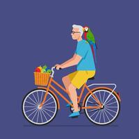 Man Riding Bicycle with Parrot and Fruit Basket Illustration vector