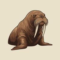 Walrus Illustration Sitting Down Calmly Detailed Brown Tones on Beige Background vector