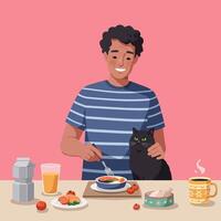 Man Eating Salmon and a Cat Sitting on Lap at Table vector