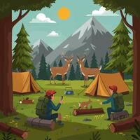 People Camping with Deer in Mountain Scene Flat Illustration vector