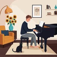 Man Playing Piano at Home with Cat and Sunflowers vector