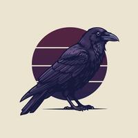 Standing Raven Illustration with Retro Style Circle Background Design vector