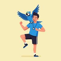 Man Training with a Parrot on Shoulder in Cartoon Style vector