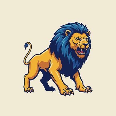 Roaring Lion Graphic with Blue Mane and Golden Fur
