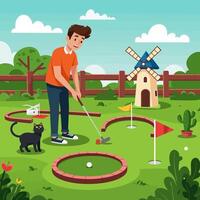 Man Playing Miniature Golf with Windmill and a Black Cat vector
