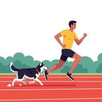 Man Running with Dog on Track in Outdoor Exercise Scene vector