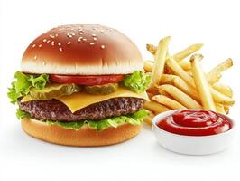 Delicious cheeseburger with fries and ketchup ready to enjoy photo
