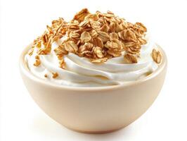 Bowl of creamy yogurt topped with crunchy oats and honey photo