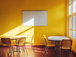 Bright classroom with yellow walls and empty tables in sunlight photo