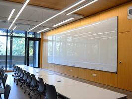 Modern conference room with large whiteboard and ample seating photo