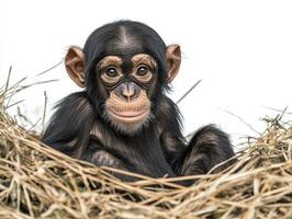 Cute baby chimpanzee relaxing in a nest of straw photo