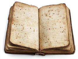 Old leather-bound notebook with yellowed pages on a white background photo