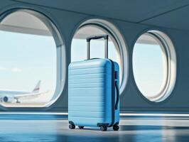 Light blue luggage at an airport window scene in daylight photo