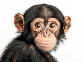 Young chimpanzee with expressive face against a plain background photo