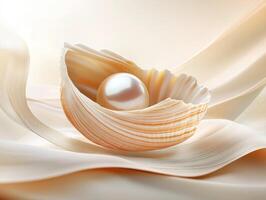 Elegant pearl nestled in an open shell on soft fabric photo