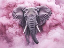 Elephants appear through pink smoke in a surreal landscape photo