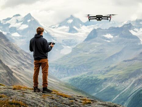Man operates a drone in the mountains during a cloudy day photo