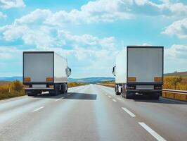 Trucks on a wide road under a clear blue sky photo