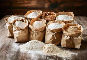 Various types of flour in cloth sacks arranged on a wooden table photo