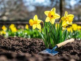 Spring flowers bloom in a garden with a spade nearby photo