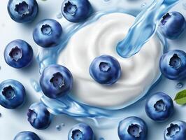 Fresh blueberries swimming in creamy yogurt with splashes of water photo