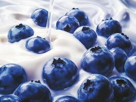 Fresh blueberries cascading over creamy yogurt in a bowl photo