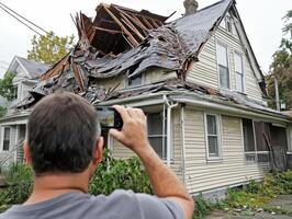 Man documenting roof damage on a house after a storm photo
