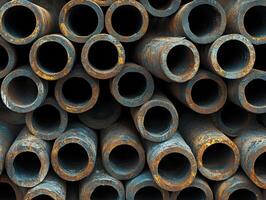 Weathered metal pipes stacked in urban environment photo