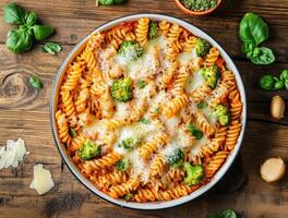 Delicious pasta bake with broccoli and cheese on a rustic table photo