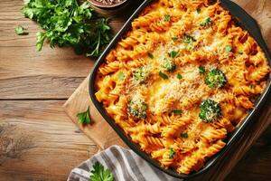 Homemade pasta bake with broccoli and cheese on a wooden table photo