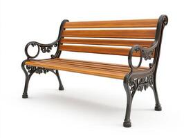 Elegant wooden bench with ornate metalwork design photo