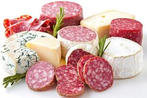 Cheese and cured meats arranged on a white background for serving photo