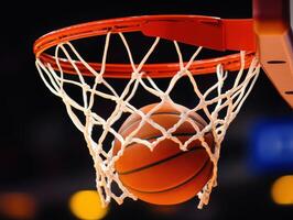 Basketball swishes through the net during an exciting game photo
