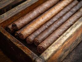 Cigars arranged neatly in a rustic wooden box photo